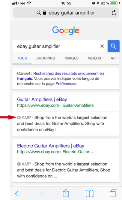 Exemple de page AMP dans le moteur de recherche Google : la page catégorie d’eBay