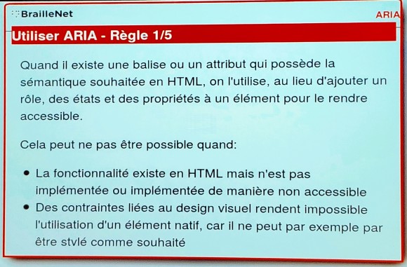 Slide de la conférence ARIA 1.1 : quoi neuf et quel est l'état du support par Alex Bernier, BrailleNet